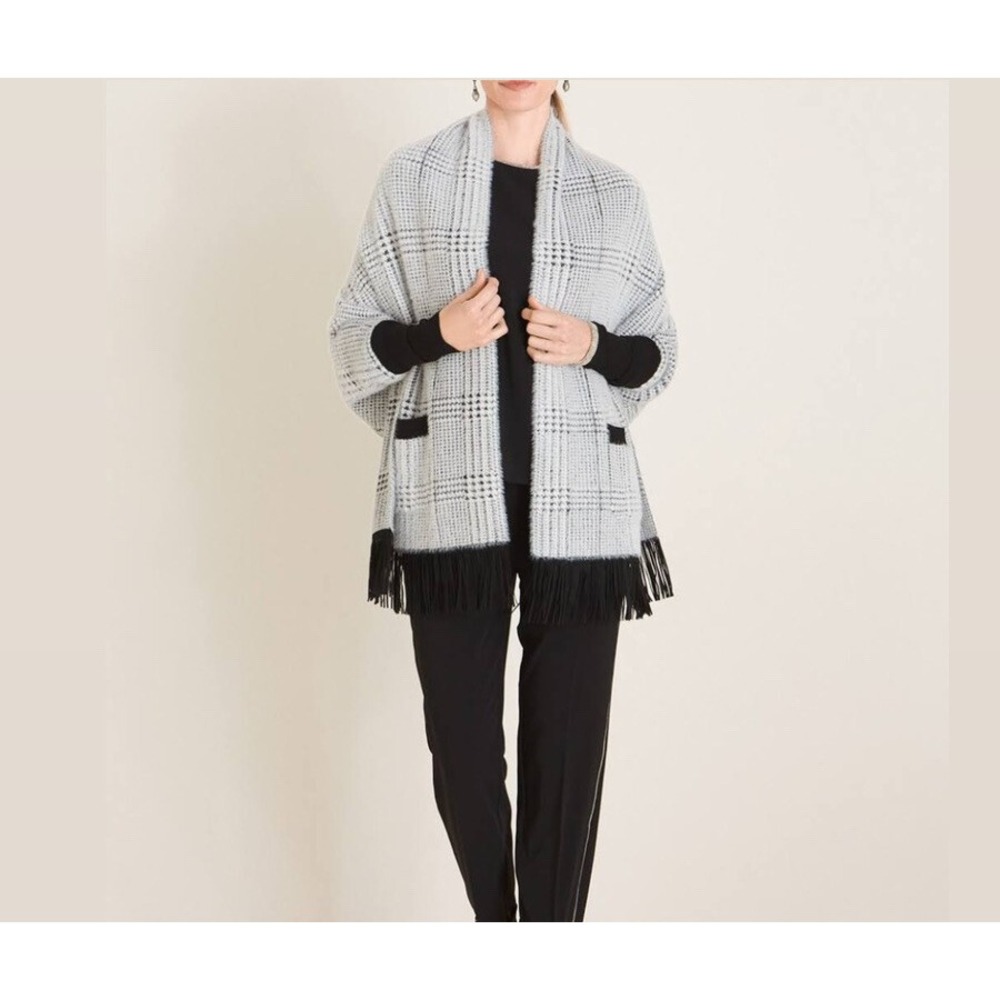 PLAID FRINGED RUANA WRAP Chico's Relaxed Fit With Front Pockets size S/M $120